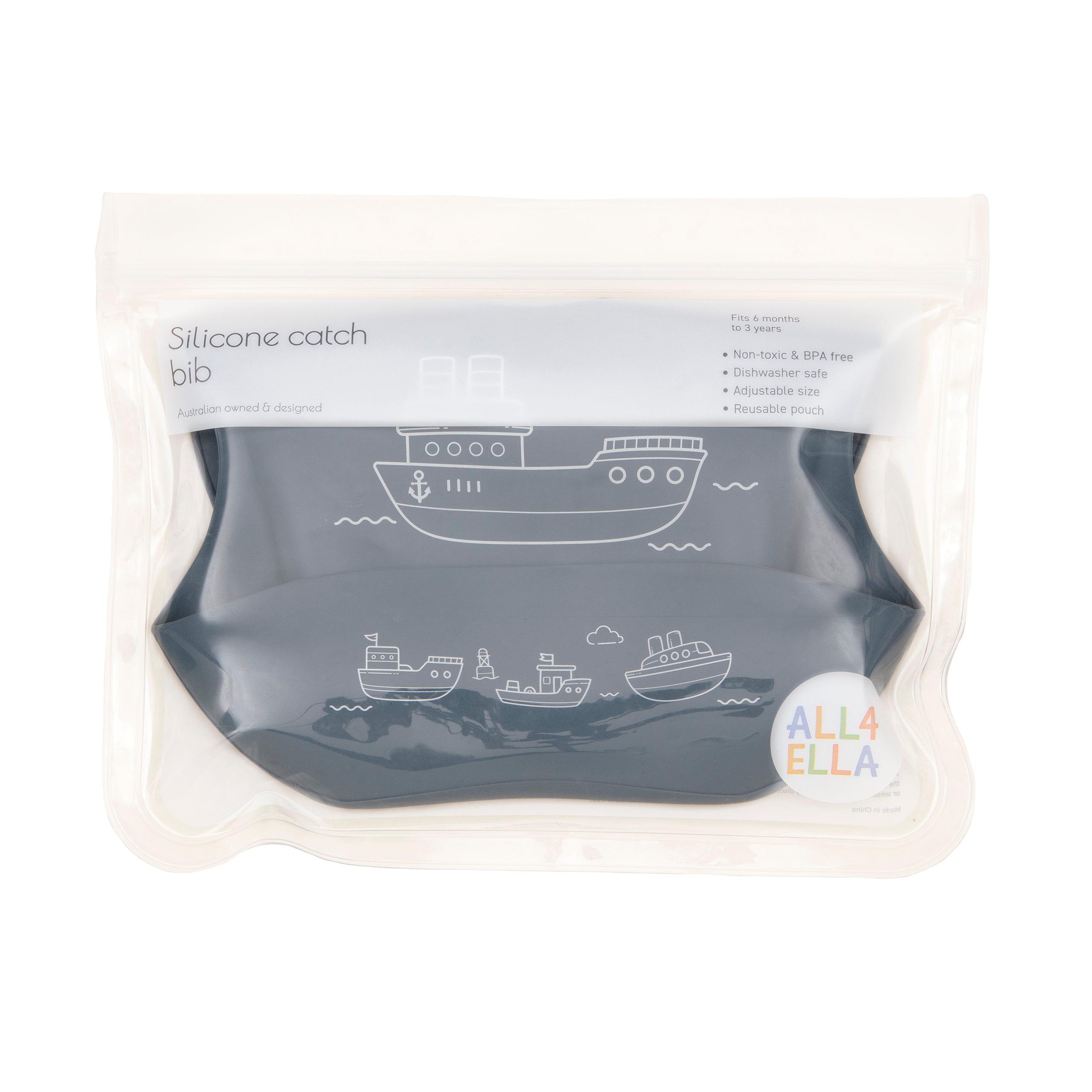All4Ella Silicone Bib Boats Slate Blue