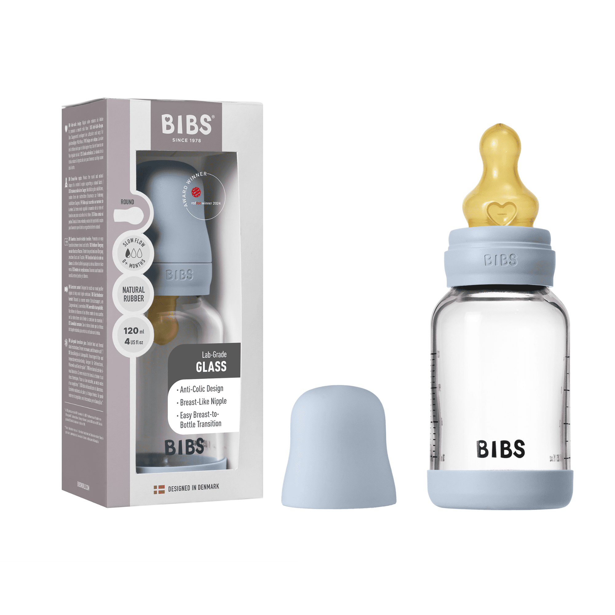 Bibs Glass Bottle v2 120ml - Baby Blue