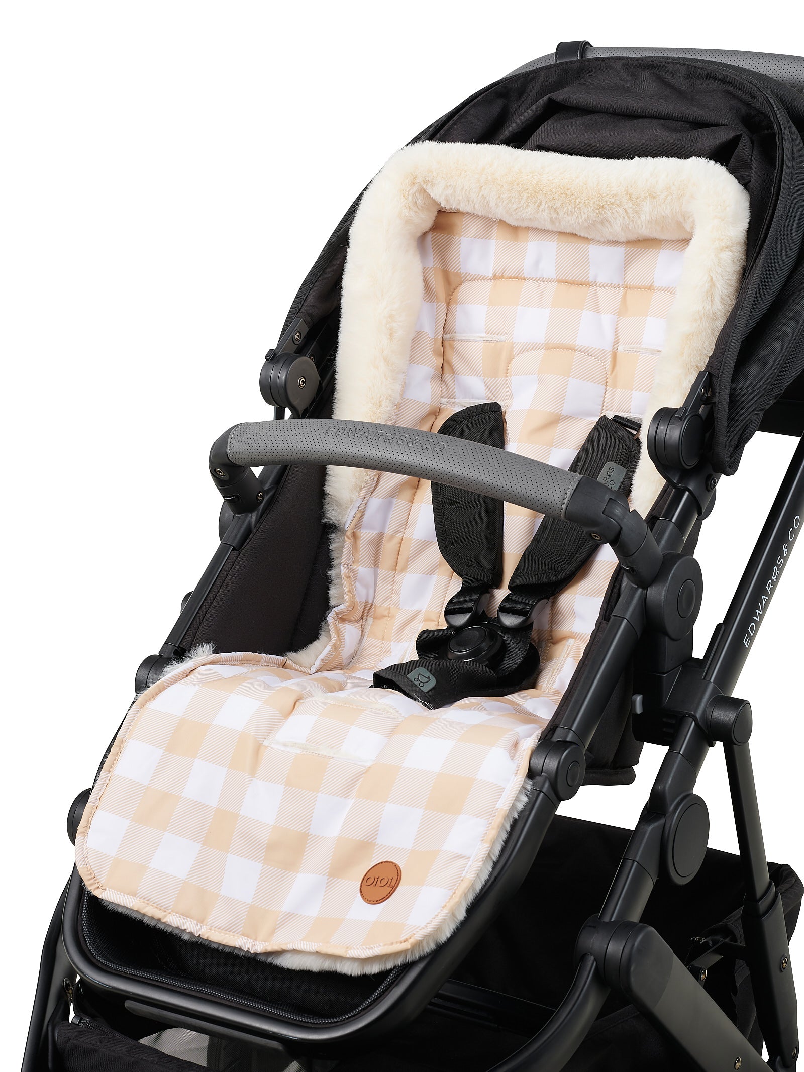 Oioi Reversible Pram Liner - Gingham Beige Cozy Fleece