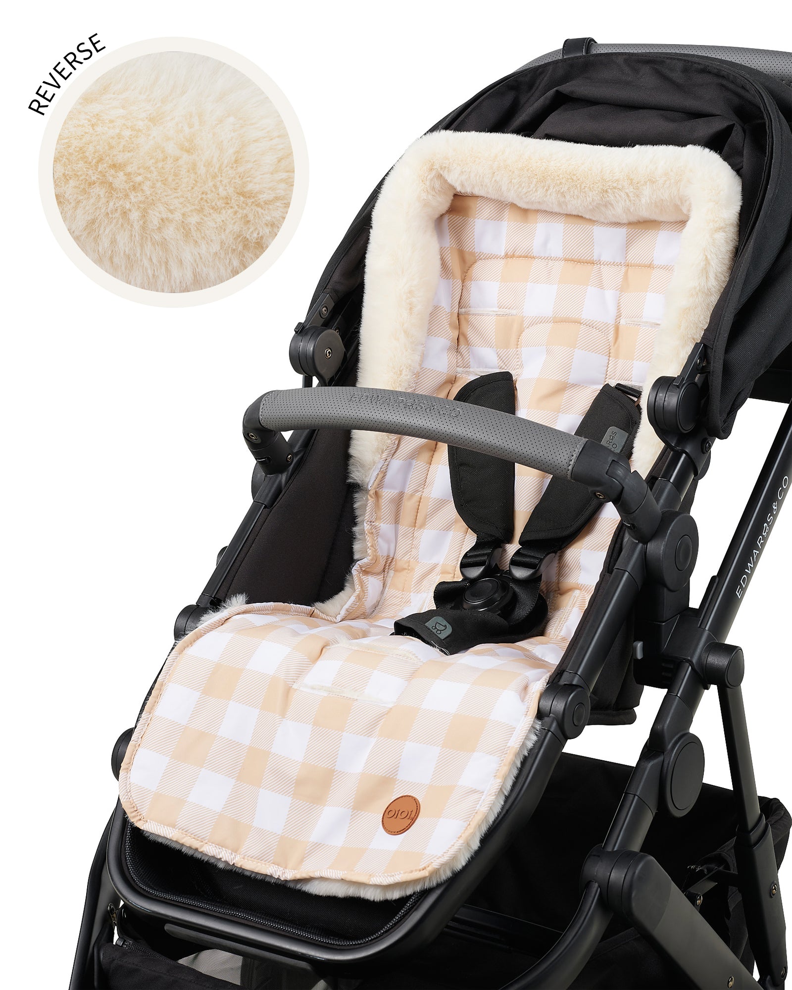 Oioi Reversible Pram Liner - Gingham Beige Cozy Fleece