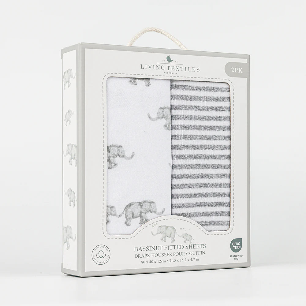 Living Textiles 2 Pk Bassinet Fitted Sheets - Watercolour Elephant