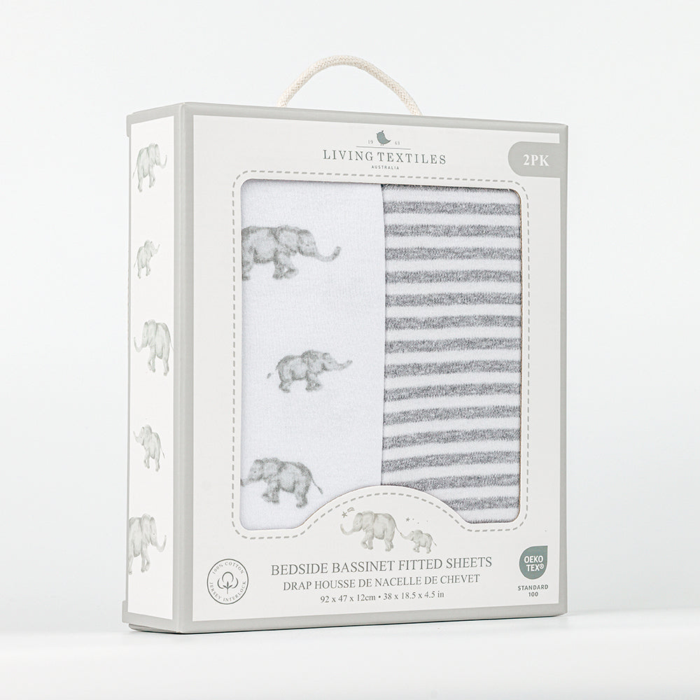 Living Textiles 2 Pk Co-sleeper Fitted Sheets - Watercolour Elephant