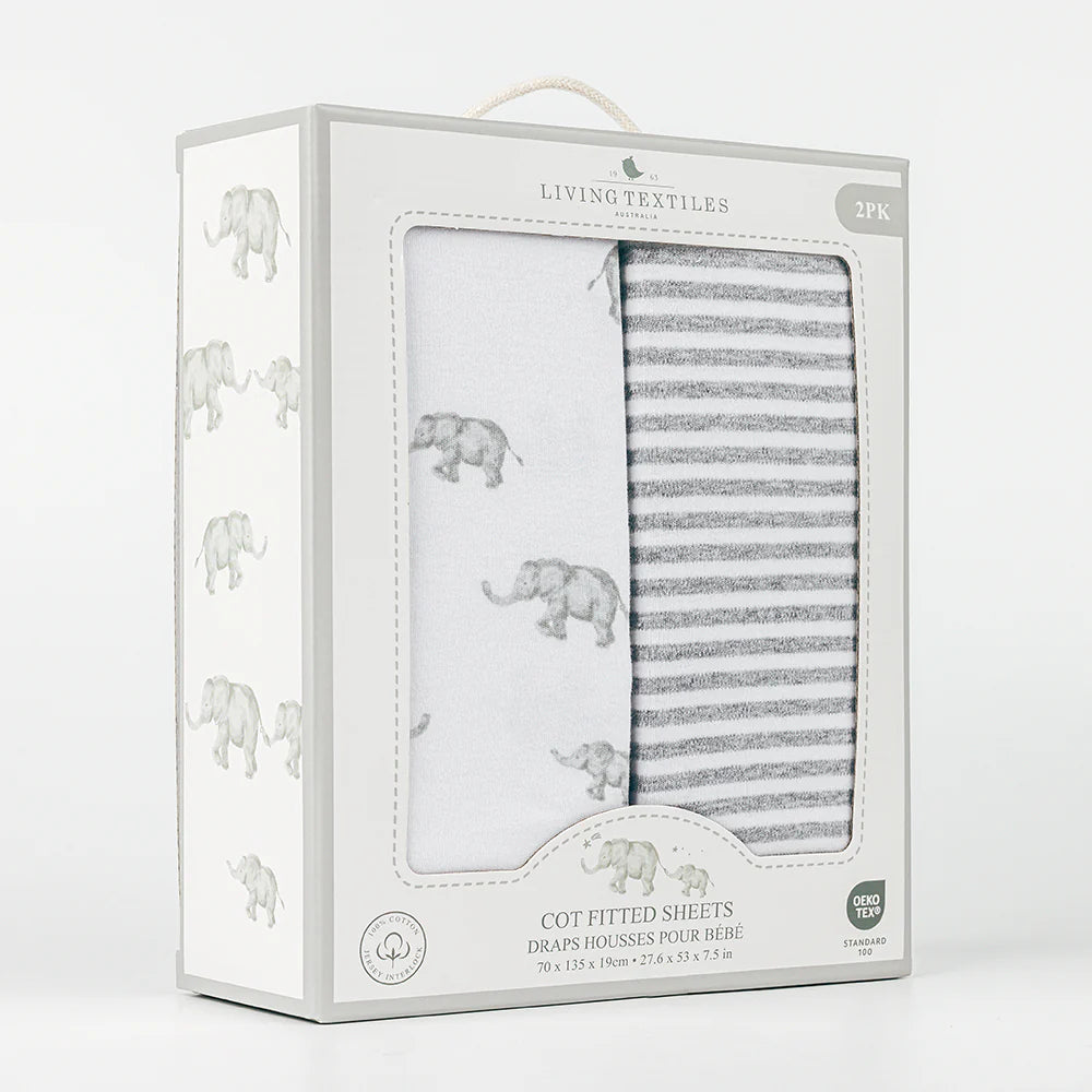 Living Textiles 2 Pk Cot Fitted Sheets - Watercolour Elephant