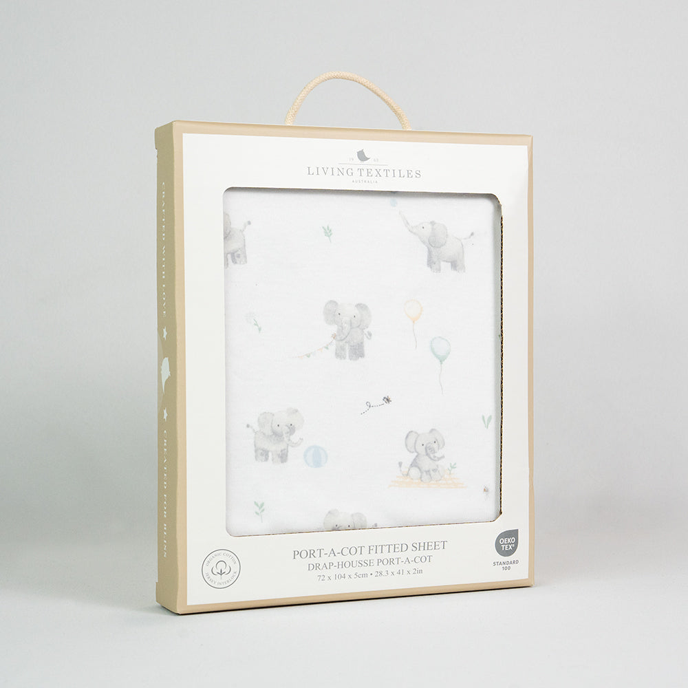 Living Textiles Port A Cot Sheet - Elephant Playtime