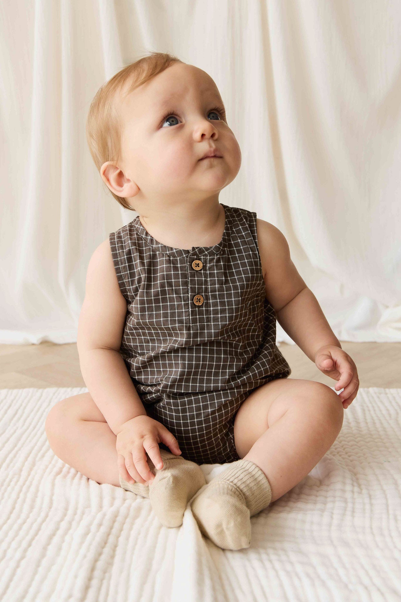 Jamie Kay Organic Cotton Archie Playsuit - Coffee Grid