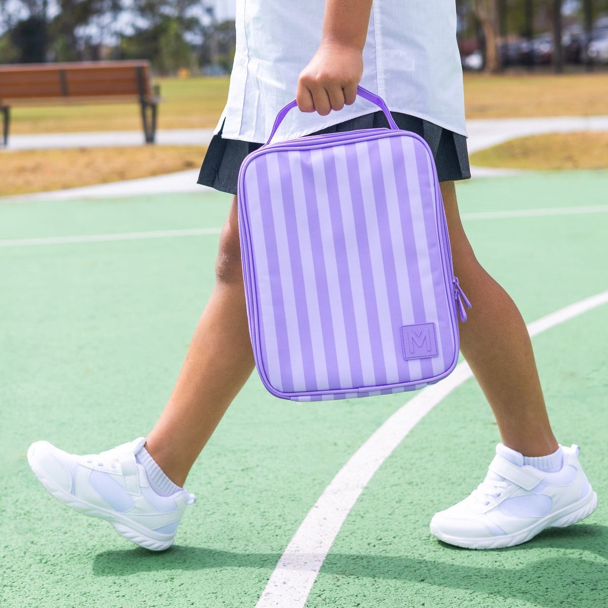 MontiiCo Large Insulated Lunch Bag Lilac Stripe