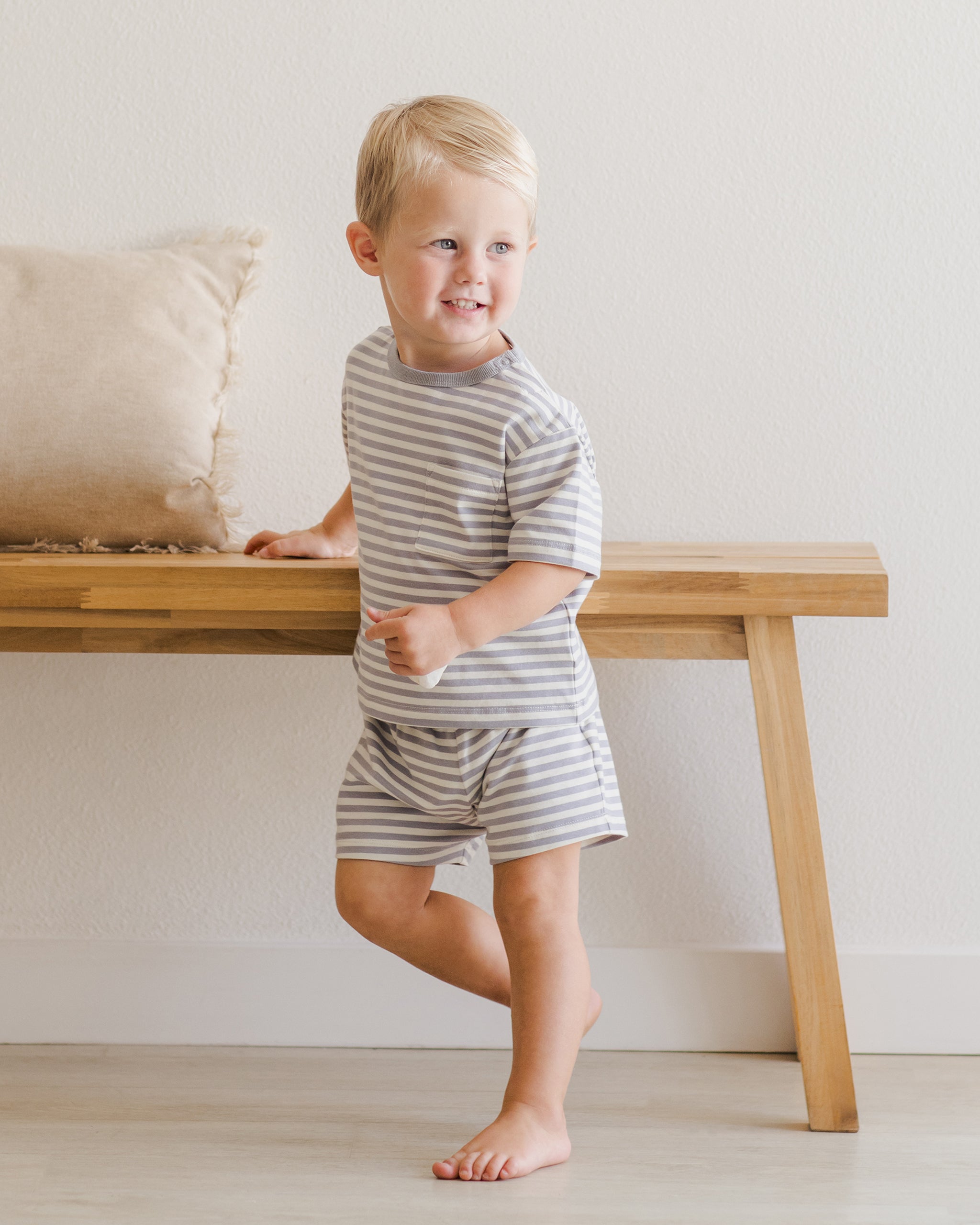 Quincy Mae Boxy Pocket Tee + Short Set - Blue Stripe