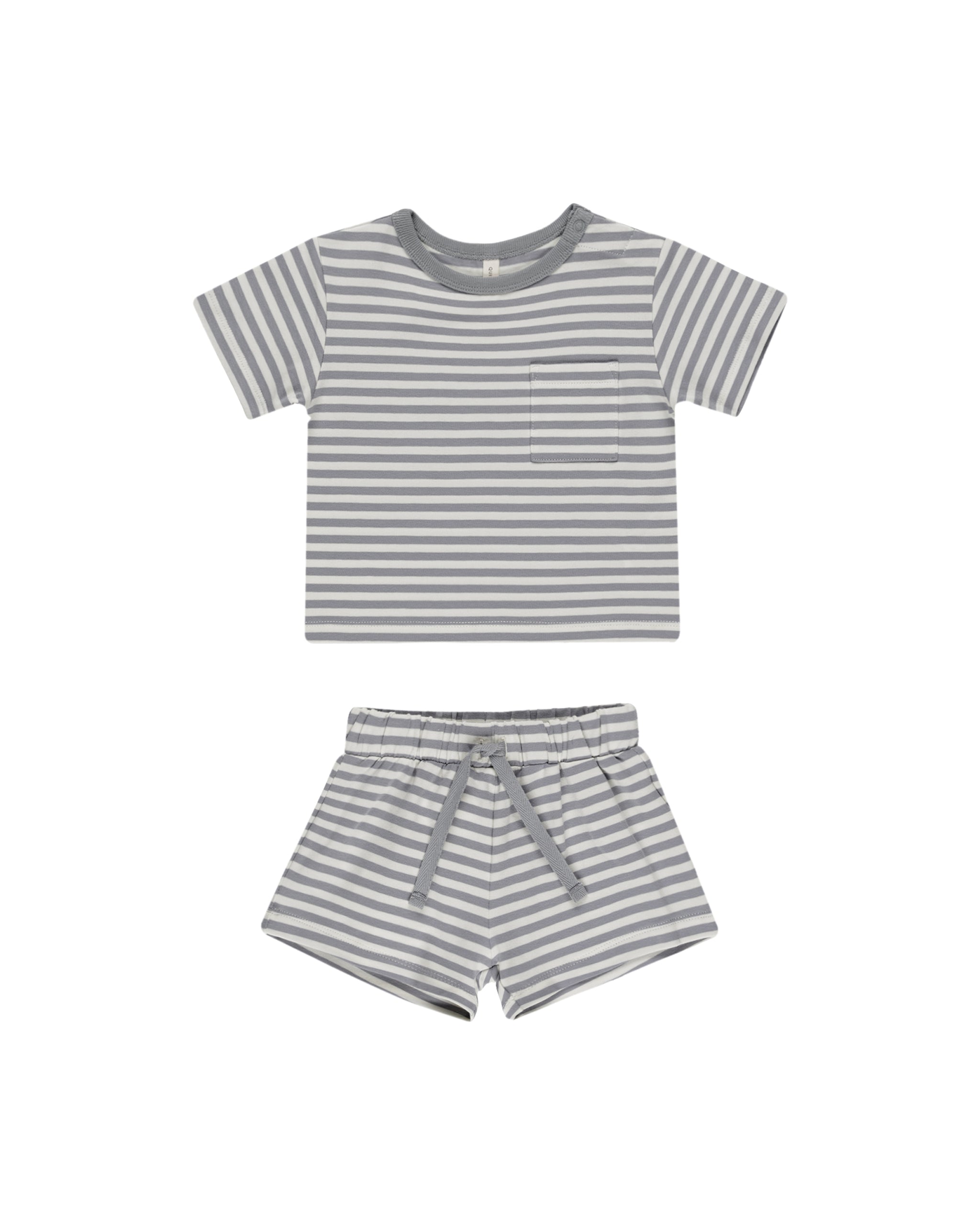 Quincy Mae Boxy Pocket Tee + Short Set - Blue Stripe