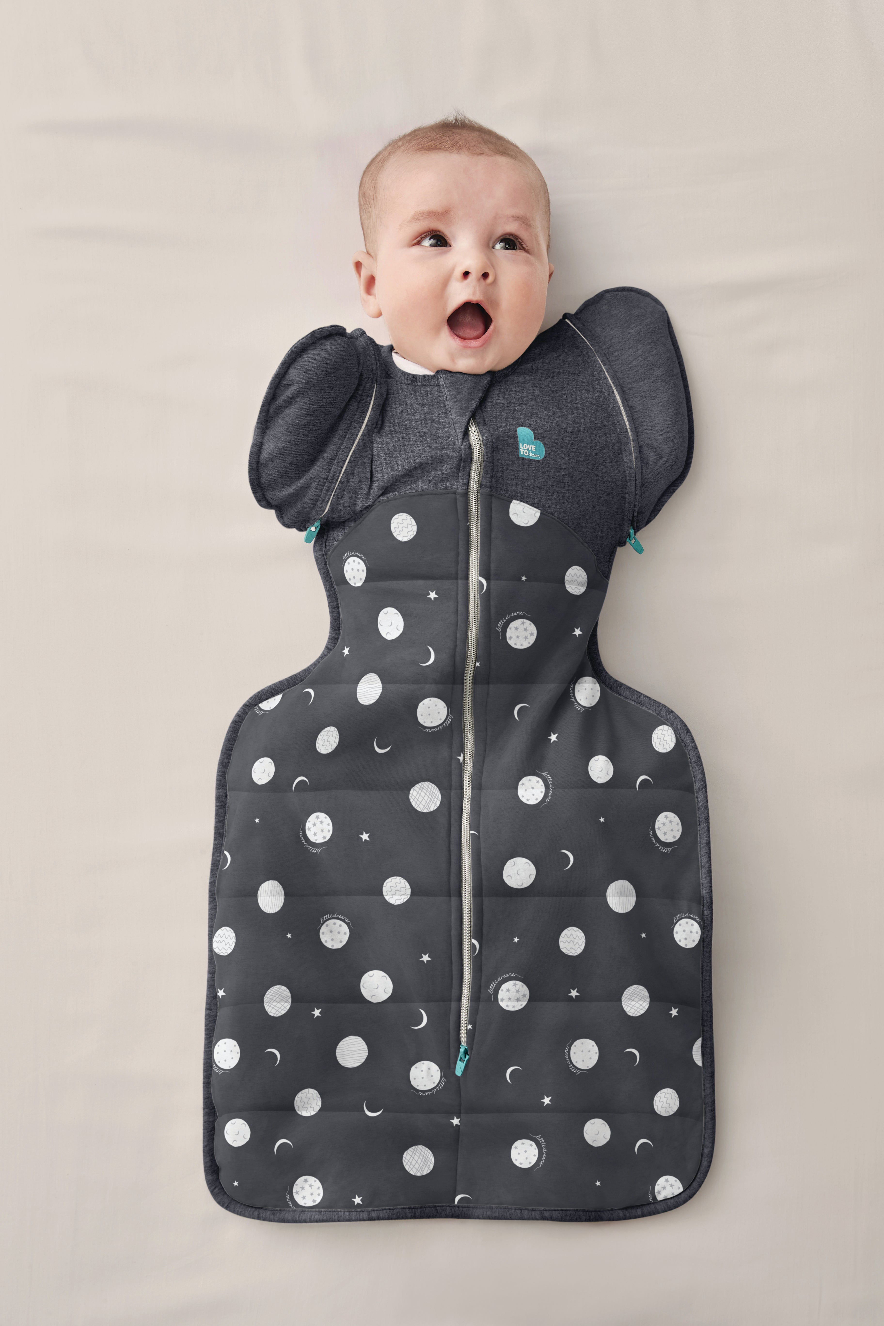 Love To Dream Swaddle Up Transition 1.5tog Stretch Cotton Fleece Moon & Back - Charcoal
