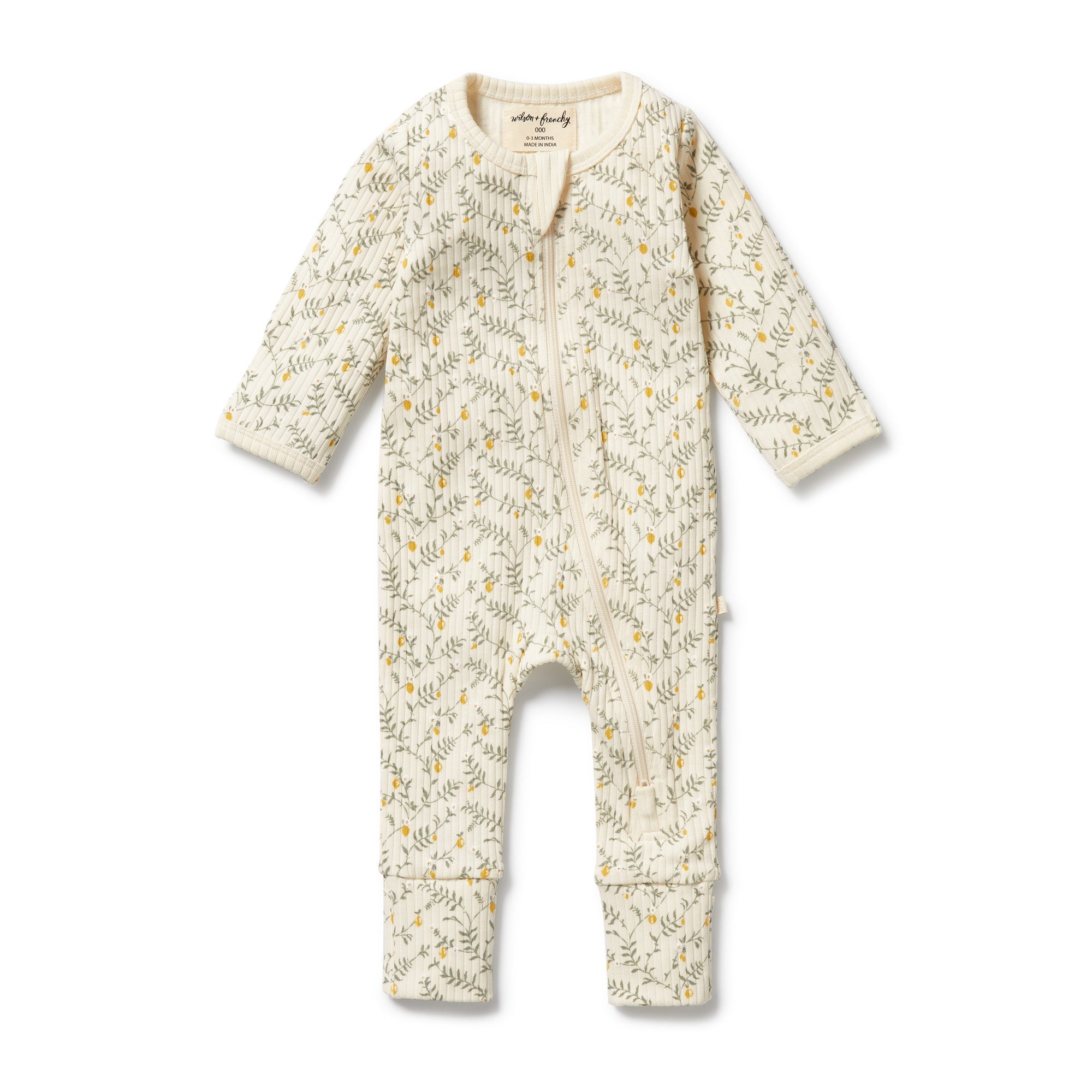 Wiilson & Frenchy Lemon leaf Organic Zipsuit with Feet