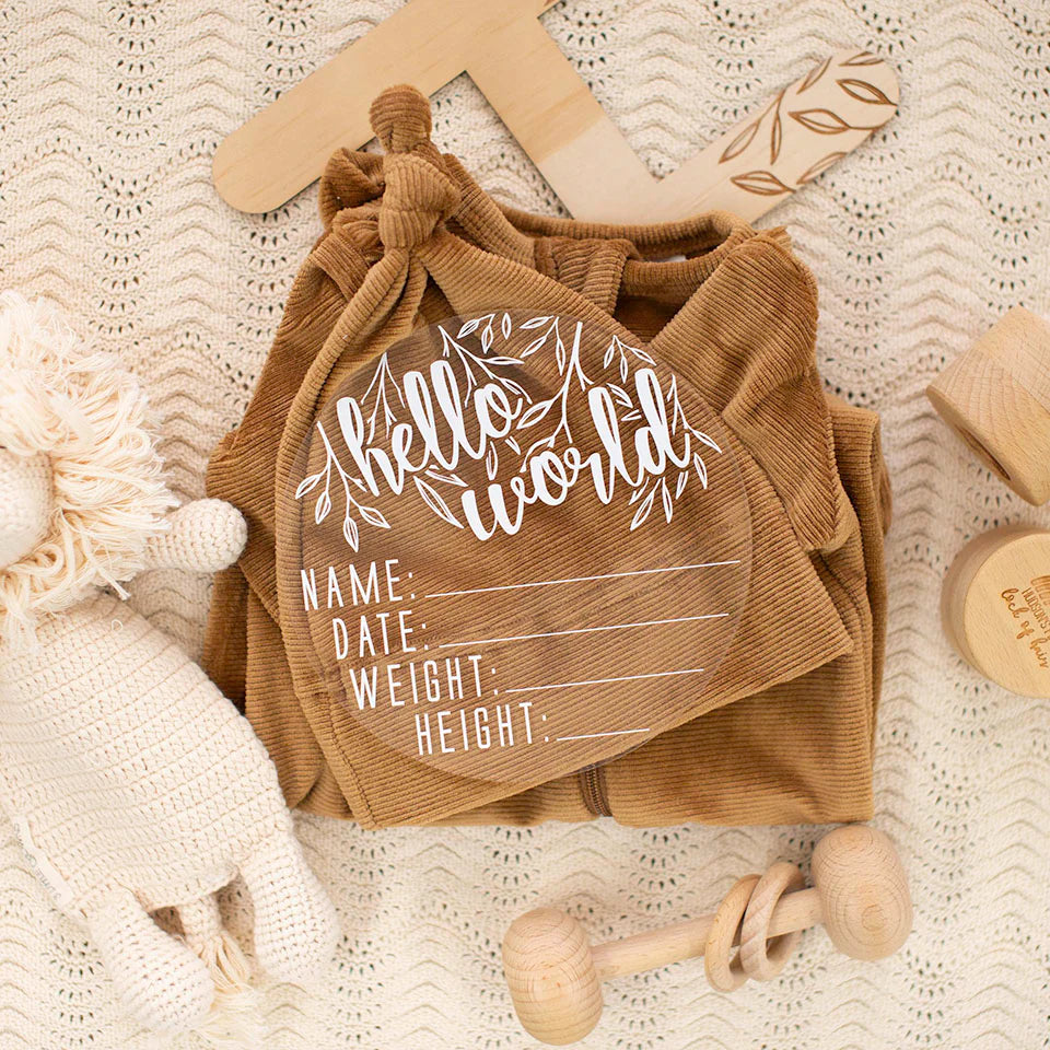 Hello Fern Hello World Acrylic Birth Announcement Disc