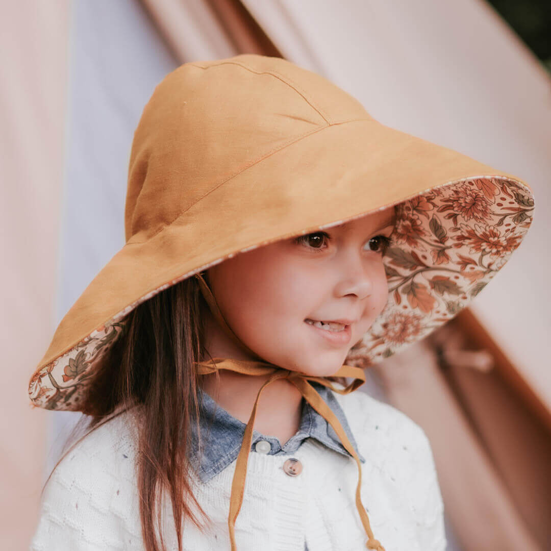 Bedhead Girls Reversible Wide Brimmed Sun Bonnet - Peony/maize
