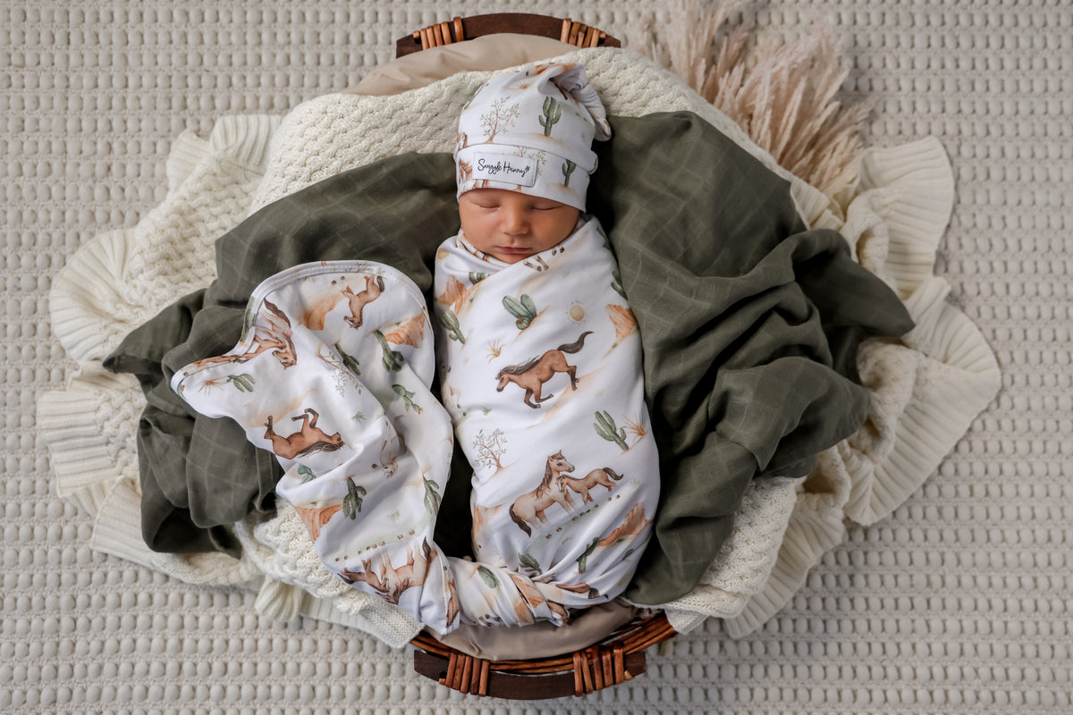 Snuggle Hunny Wild Horses Organic Jersey Wrap & Beanie Set
