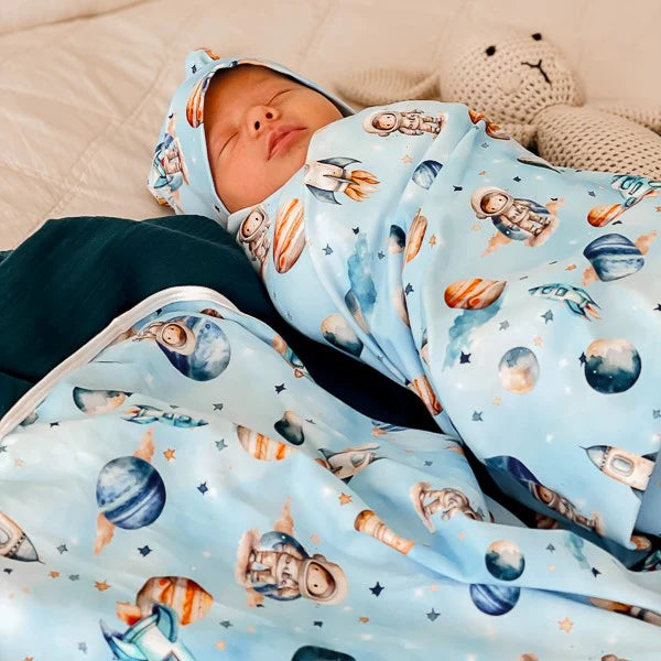 Snuggly Jacks Space Rockets Stretch Wrap and Beanie