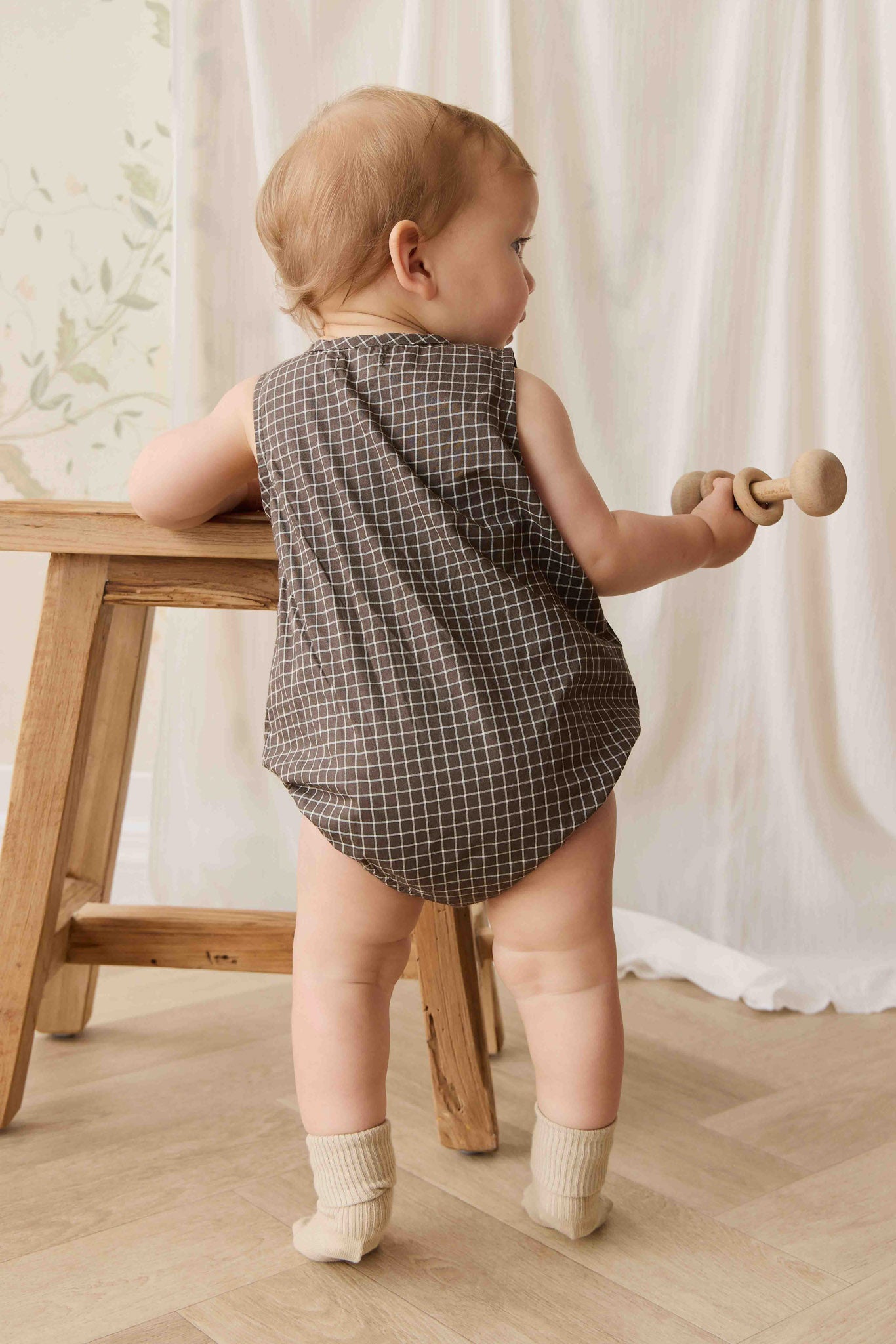 Jamie Kay Organic Cotton Archie Playsuit - Coffee Grid