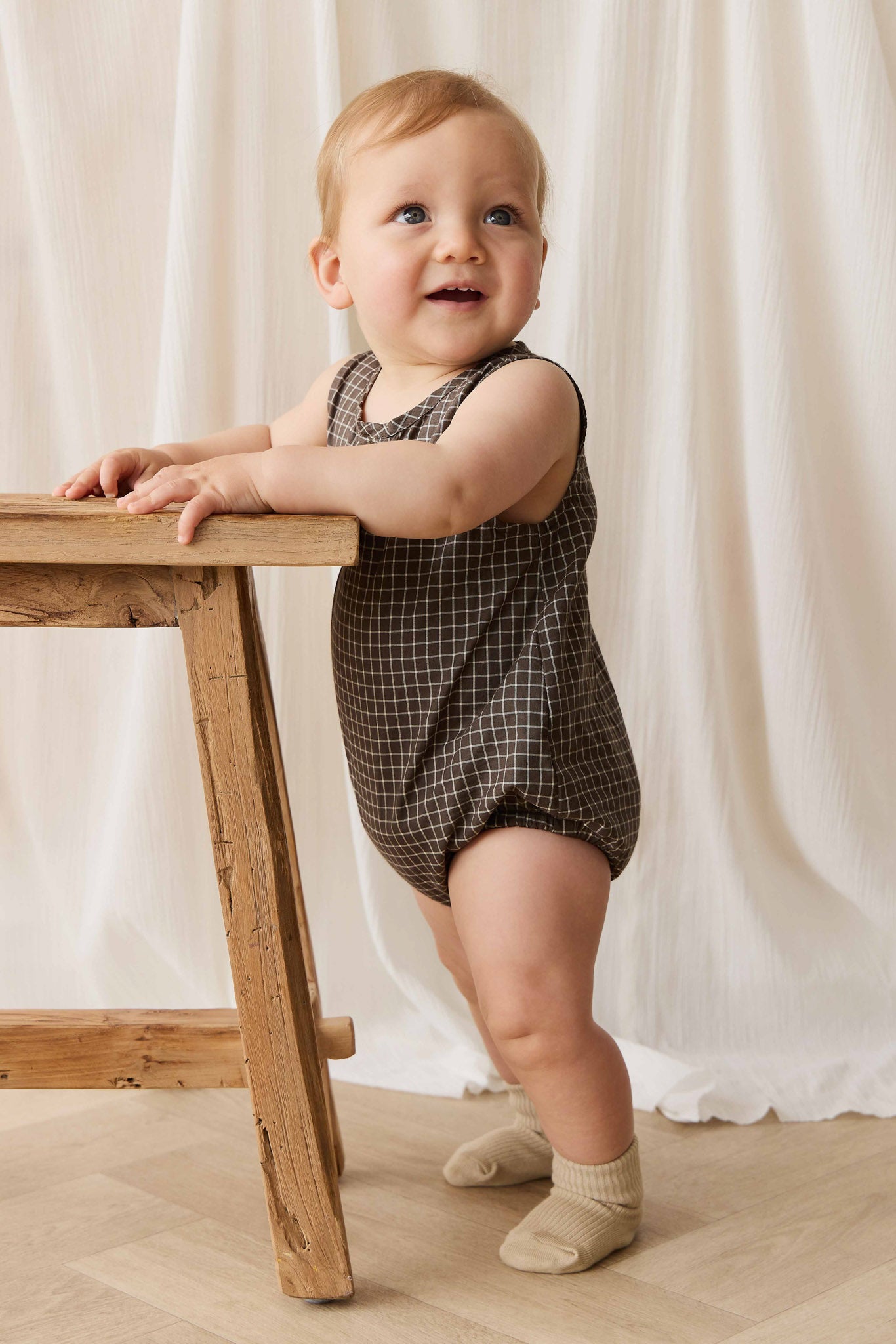 Jamie Kay Organic Cotton Archie Playsuit - Coffee Grid