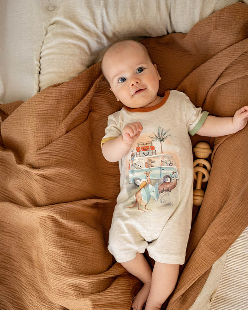 Bebe Ivan Camp Scene Short Sleeve Romper