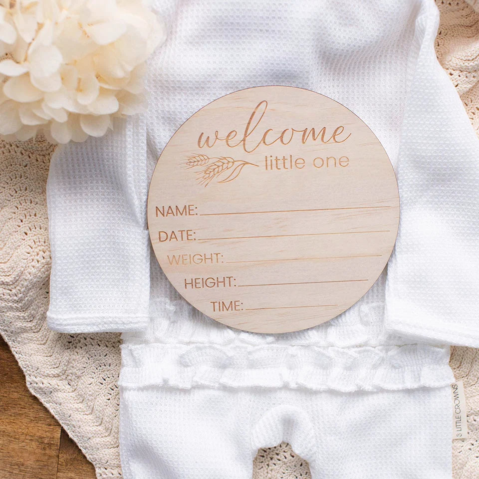 Hello Fern Welcome Little One Wooden Birth Announcement Disc Country