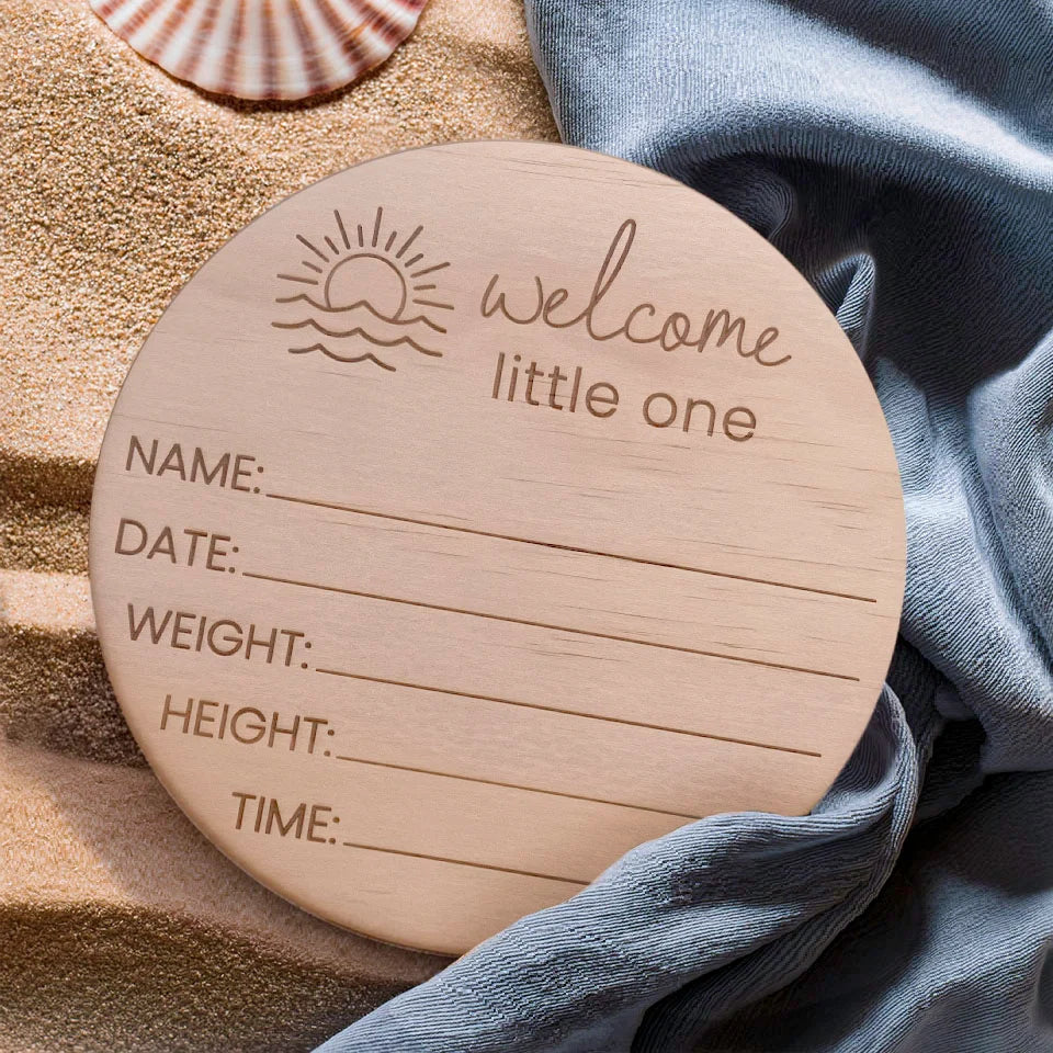 Hello Fern Welcome Little One Wooden Birth Announcement Disc Ocean