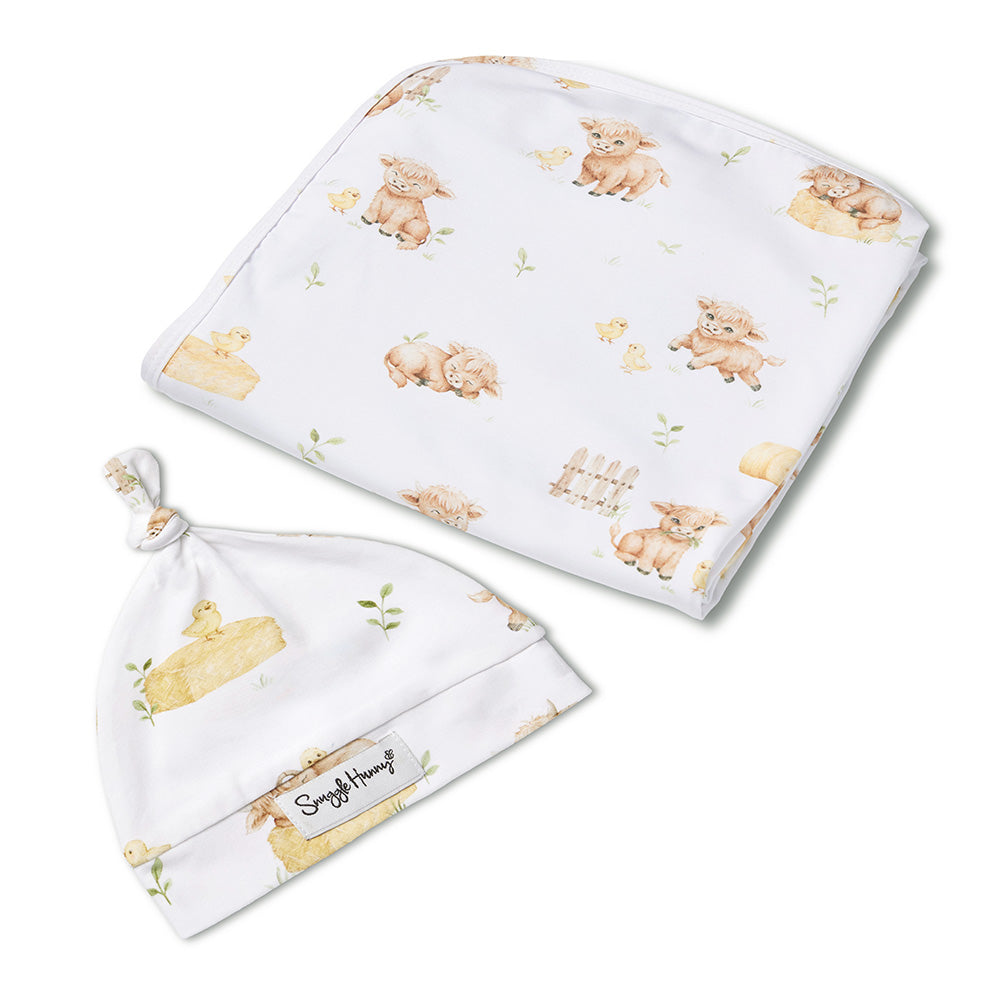 Snuggle Hunny Highland Cow Organic Jersey Wrap & Beanie Set