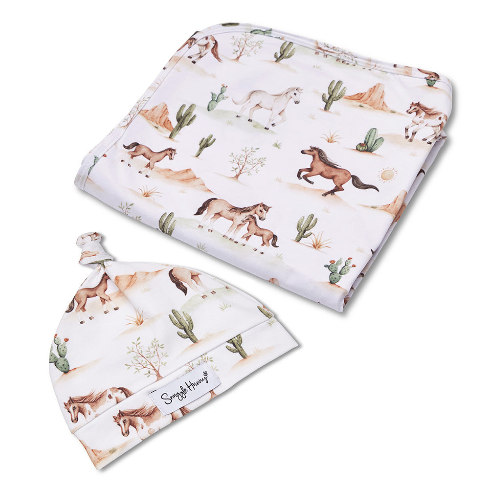 Snuggle Hunny Wild Horses Organic Jersey Wrap & Beanie Set