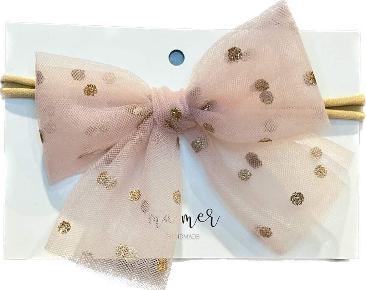 Small Store Valentina Party Bows Elastic Headband - Light Pink Golden Dots